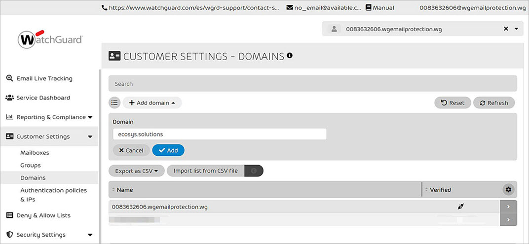 Screenshot of the Customer Settings - Domains page add domain
